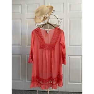 Cute Options Dress Babydoll Orange Crocheted Trim Ruffle Hem  Sleeve Detail Med